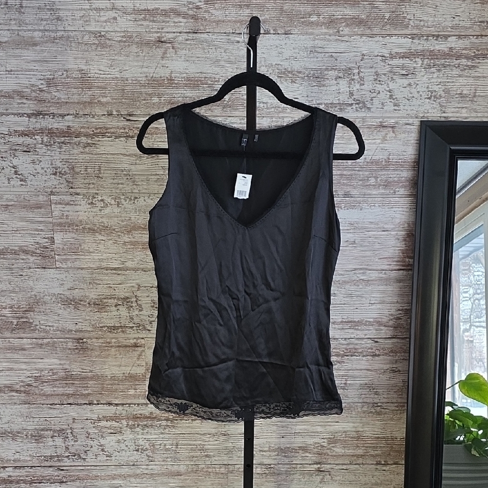 Tahari Black Lace Trim V-Neck 100% Silk Camisole